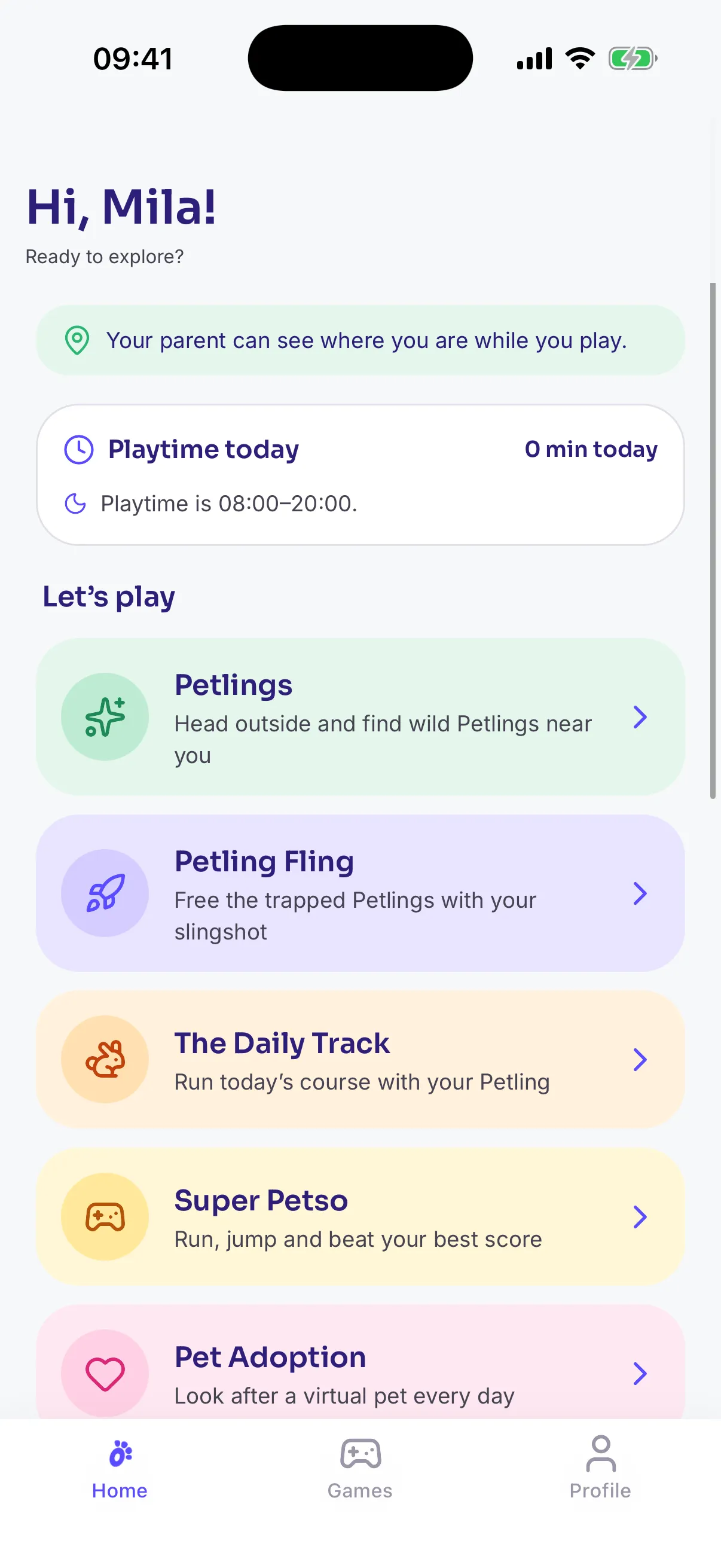 A child's home screen in the Petso app with the notice that their parent can see where they play