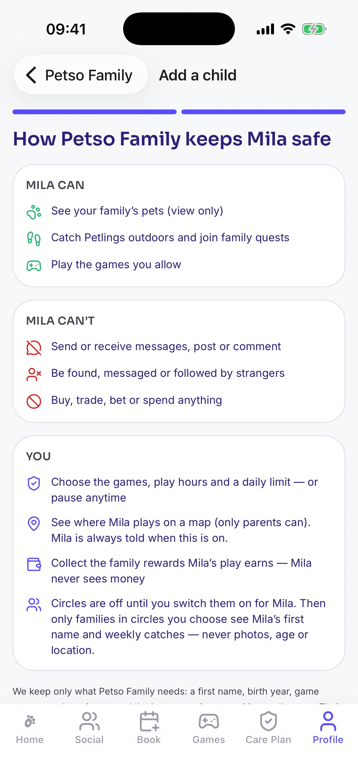 The plain-language summary a parent reads before adding a child
