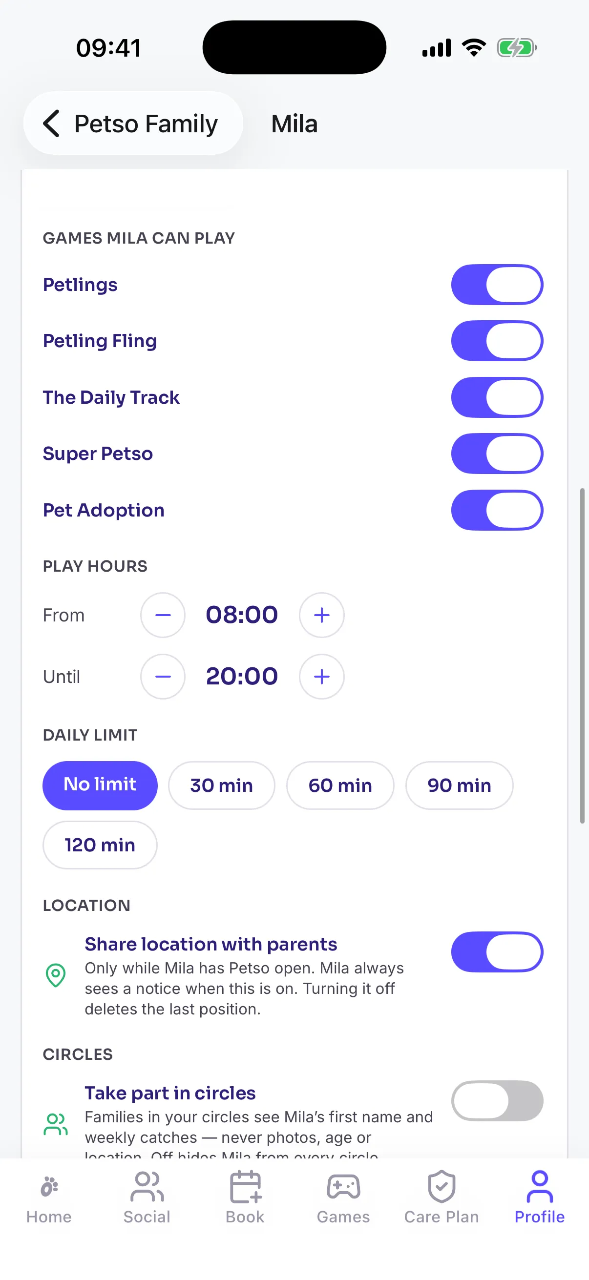 A parent's controls for their child in the Petso app: play hours, daily limit, games and location sharing