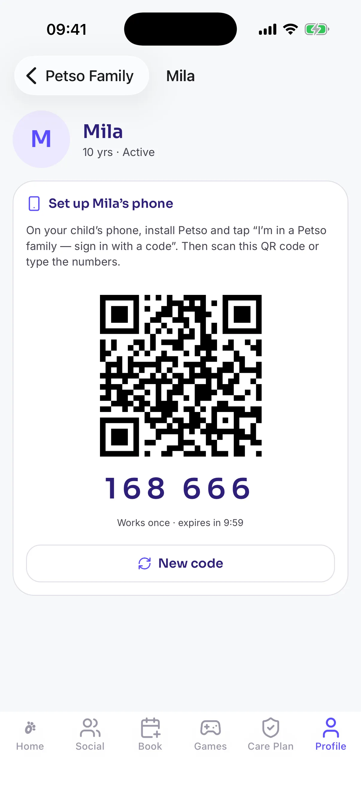 A one-time pairing code in the Petso app