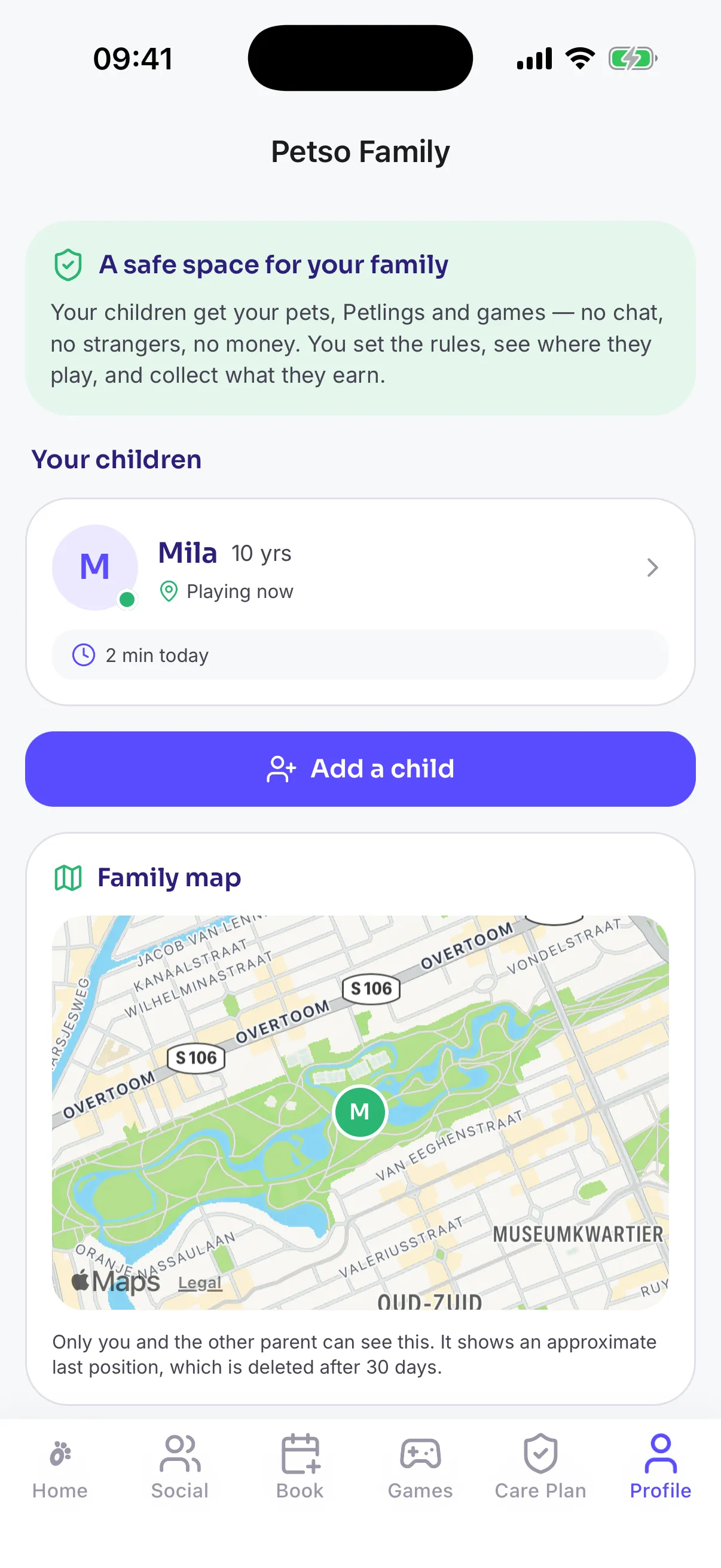 The Family screen in the Petso app