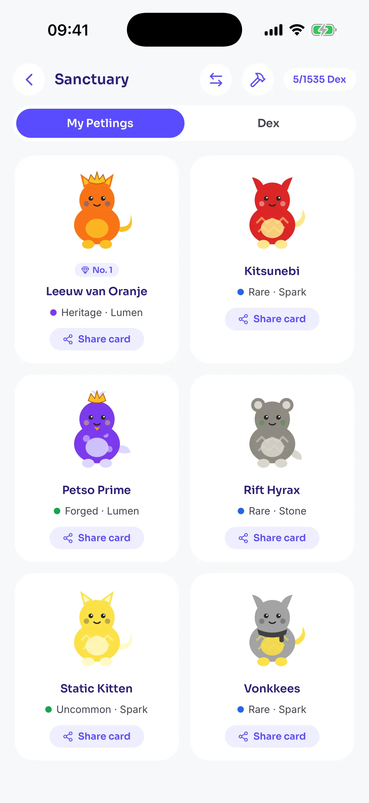 The Sanctuary in the Petso app, showing a collection of Petlings with rarity and element labels