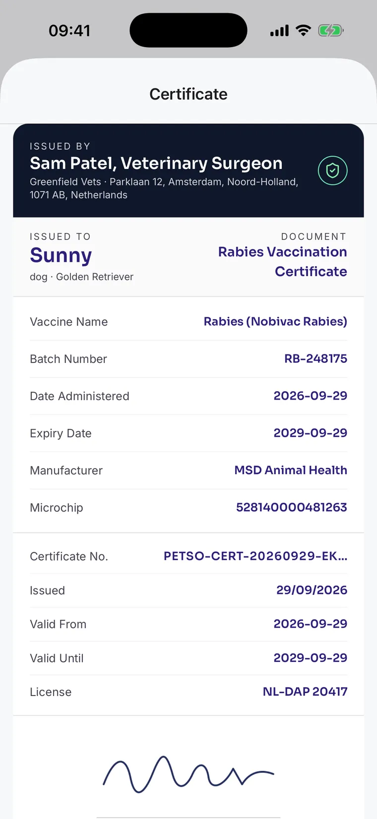 A cryptographically verified vaccination certificate in the Petso app