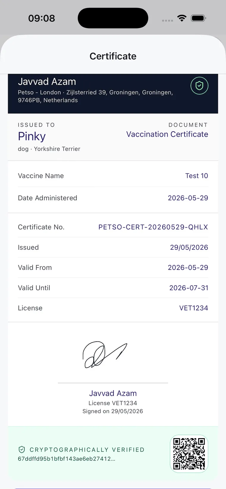 A cryptographically verified vaccination certificate in the Petso app