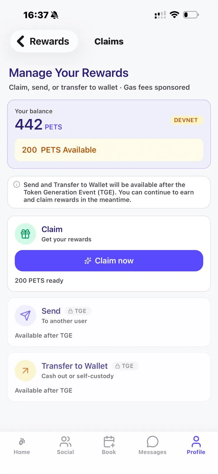 Petso claims — manage rewards, gas fees sponsored