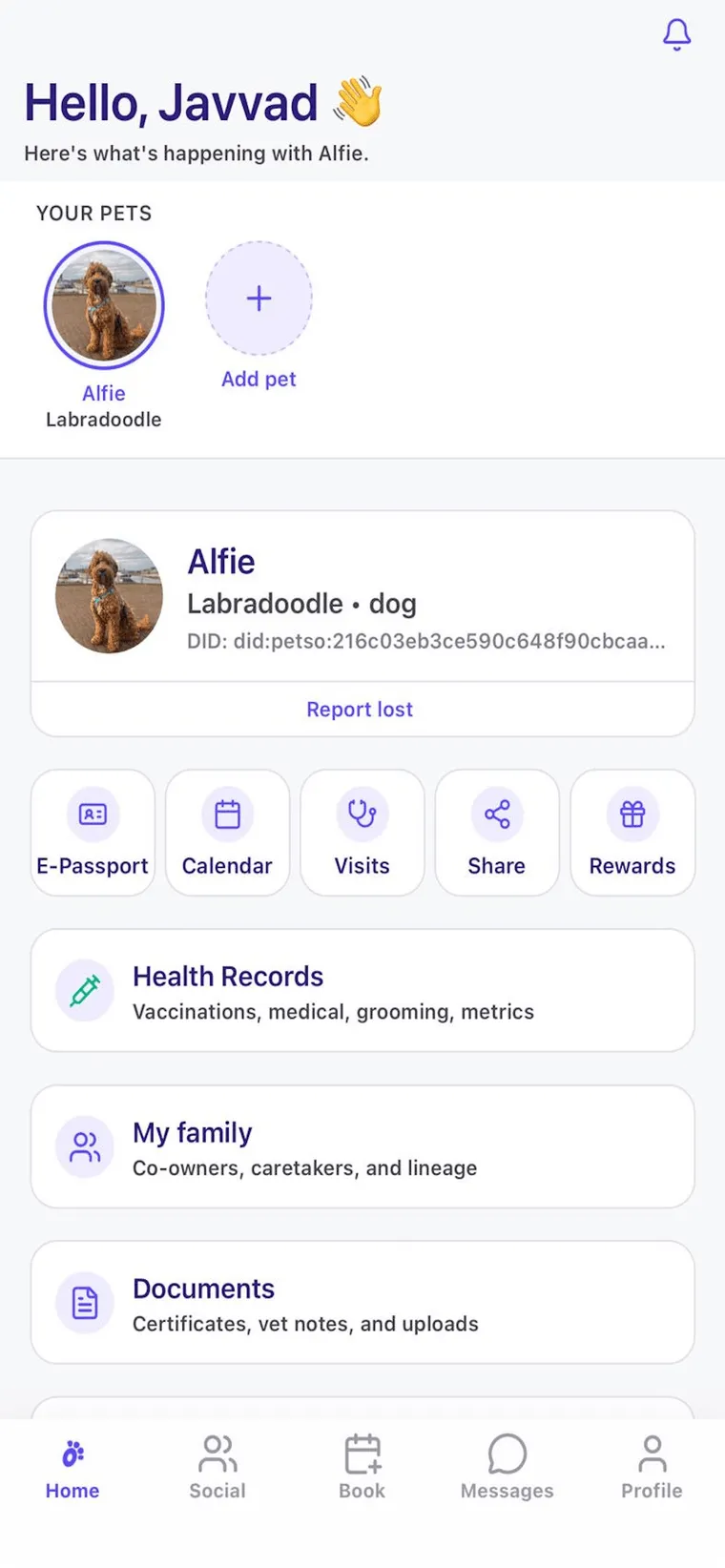 The Petso pet owner mobile app home screen