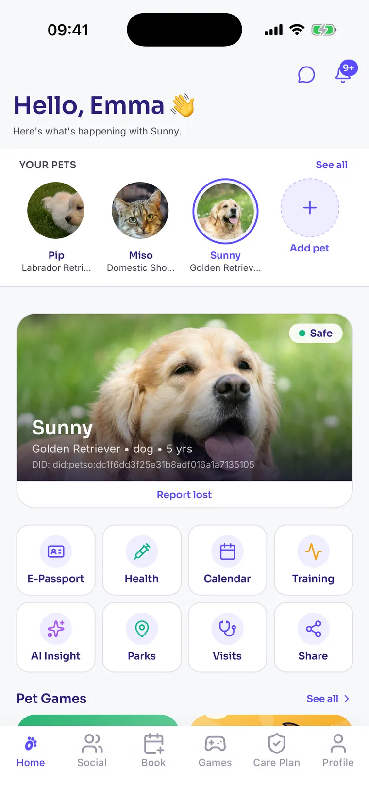 The Petso pet owner mobile app home screen
