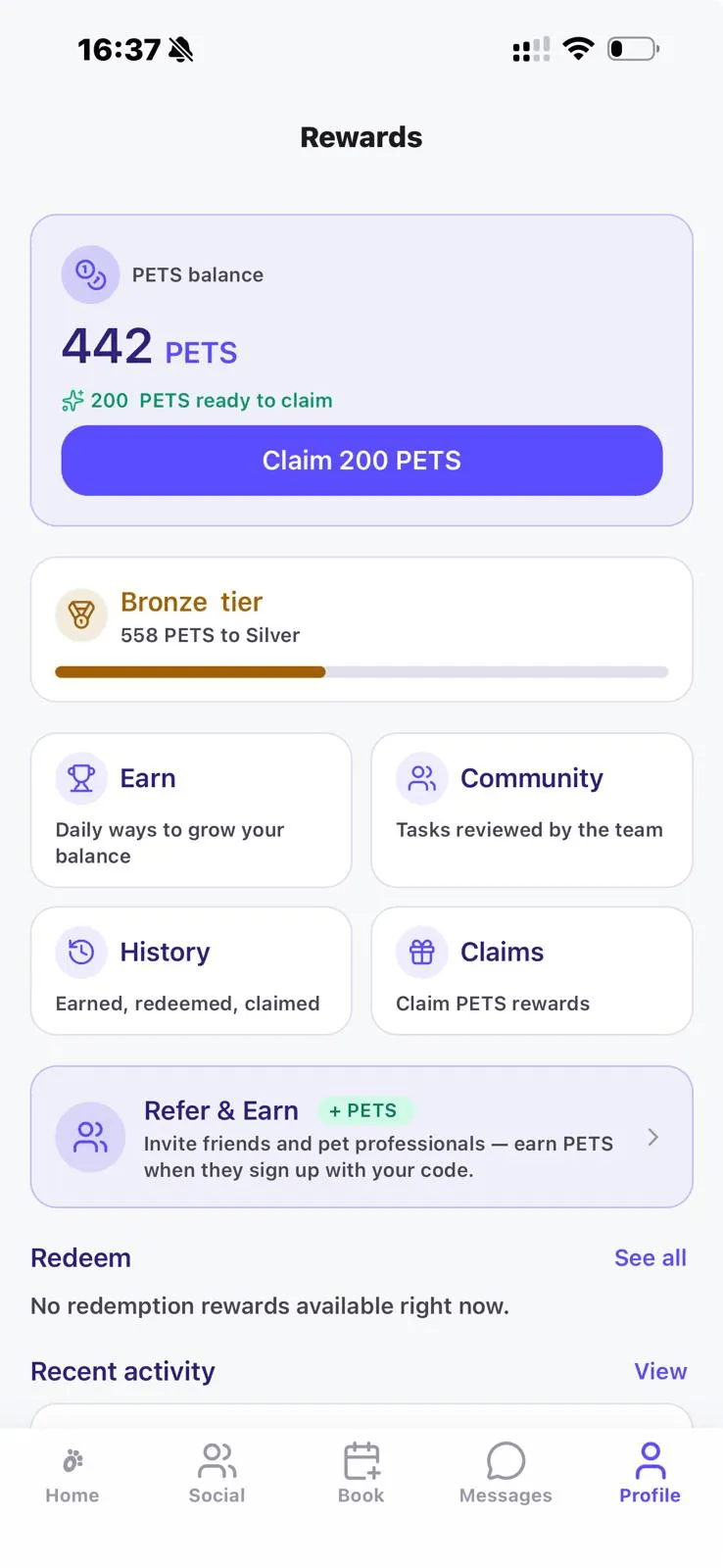 Petso Rewards on mobile — PETS balance and claim