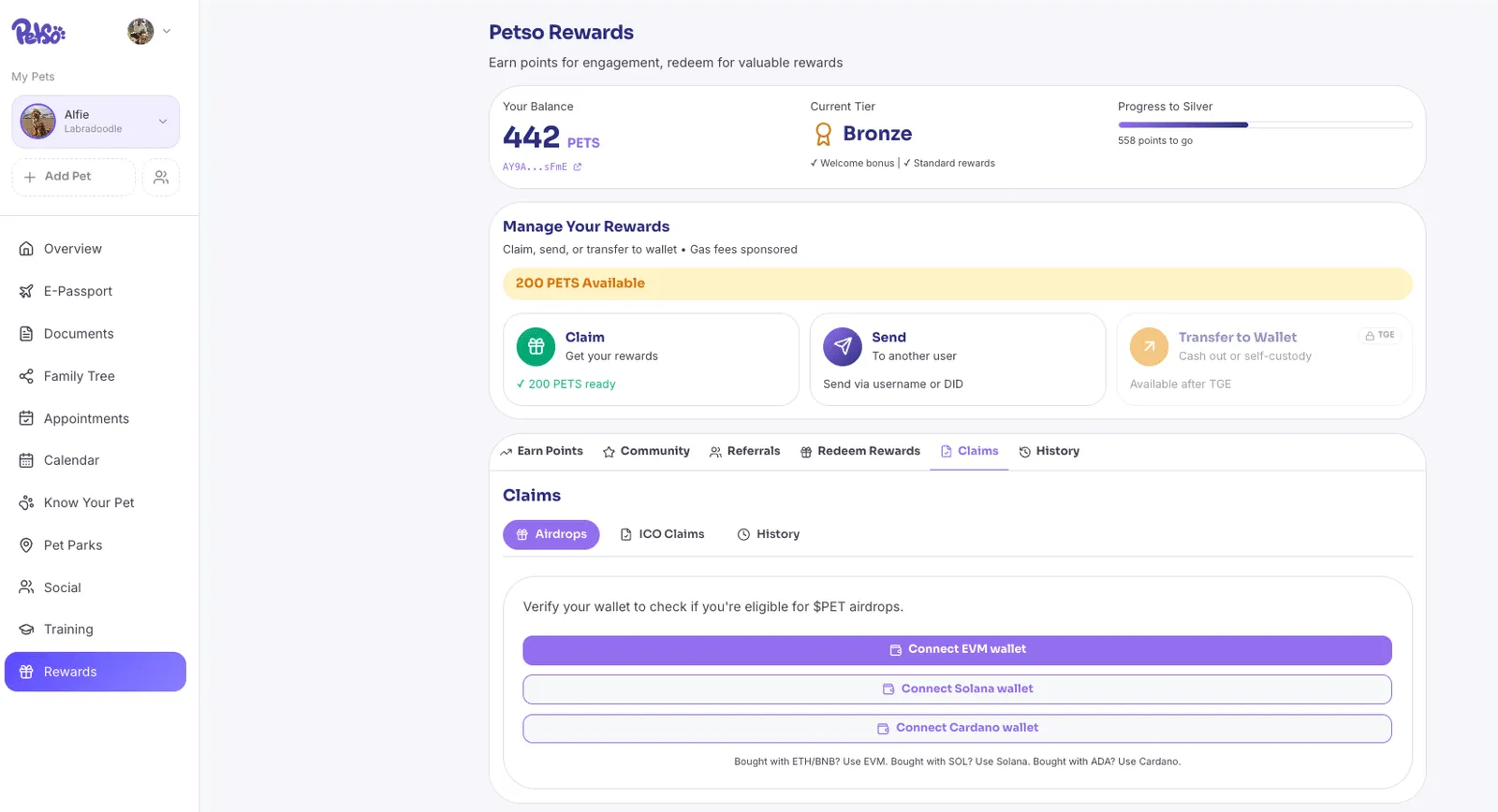 Petso Rewards dashboard — earn and claim $PET