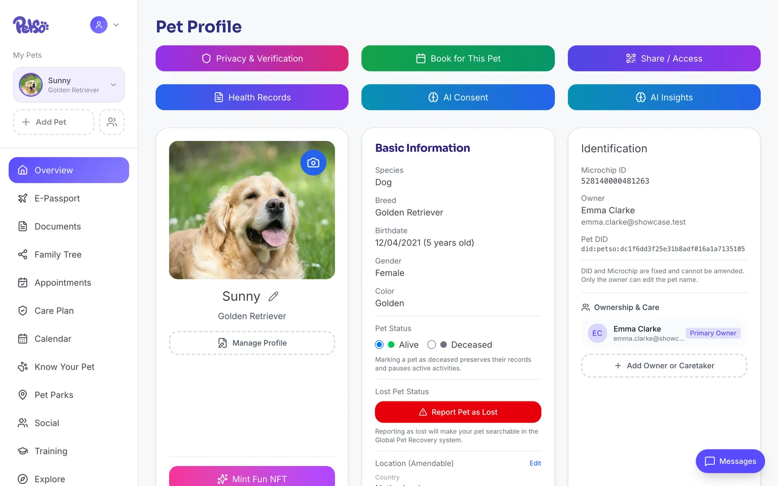 The Petso pet owner web app showing a pet profile